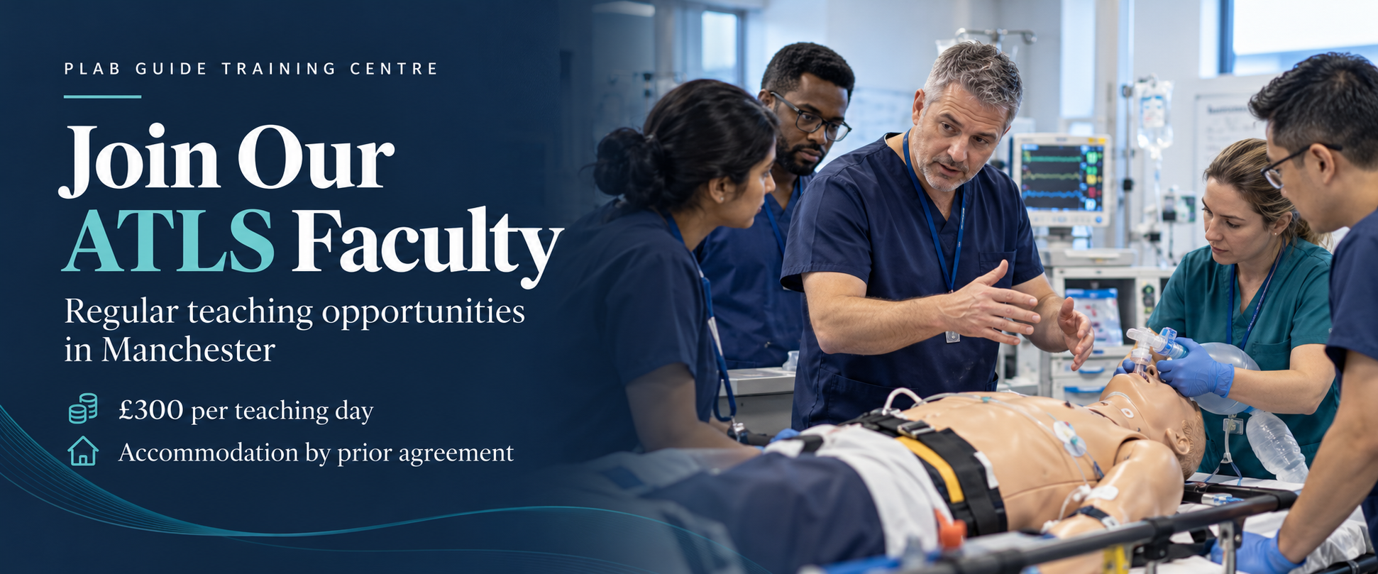 Join the ATLS faculty at PLAB Guide Training Centre in Manchester — £300 per teaching day, with accommodation by prior agreement.