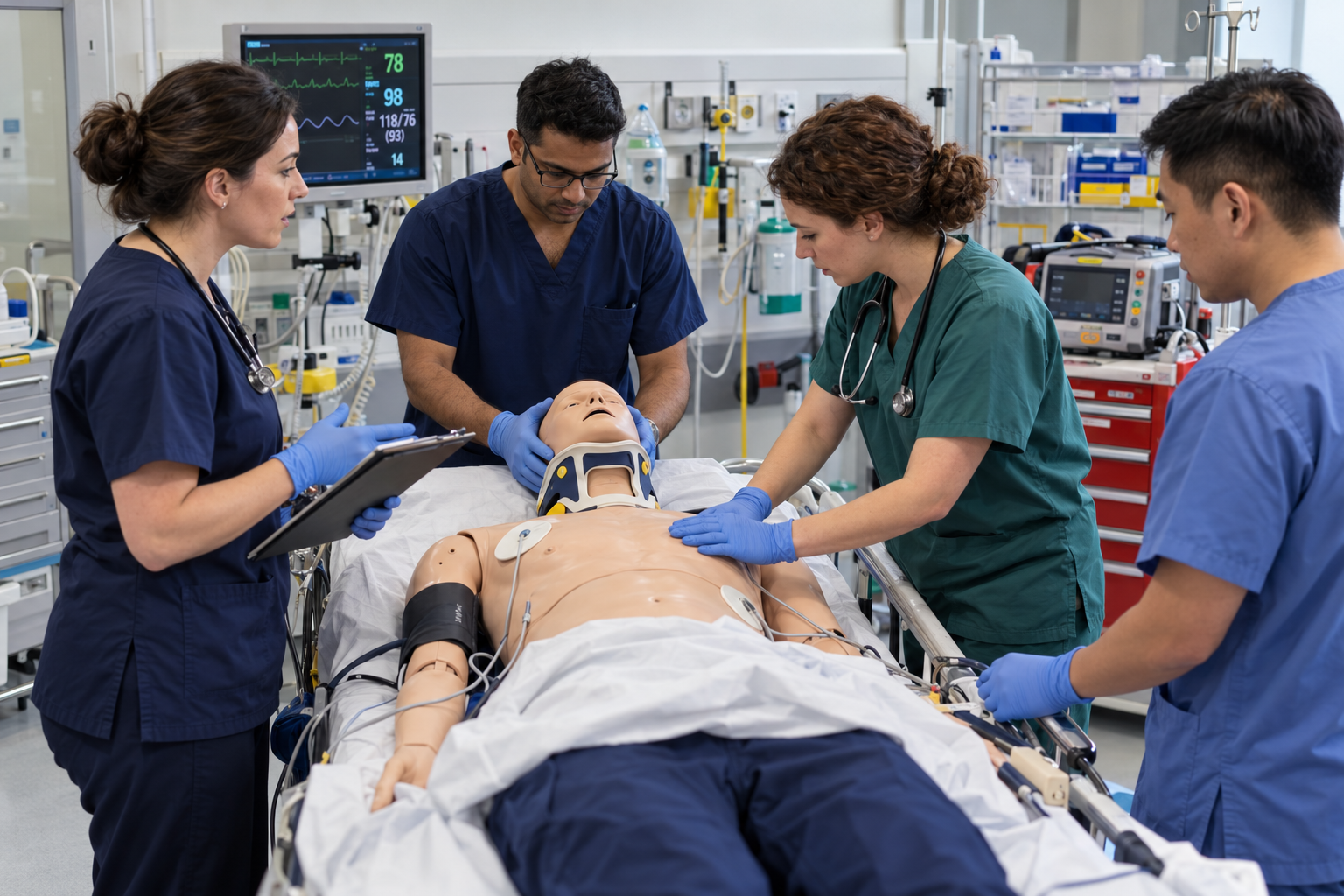 Doctors assessing a trauma manikin wearing a cervical collar during an ATLS course in Manchester