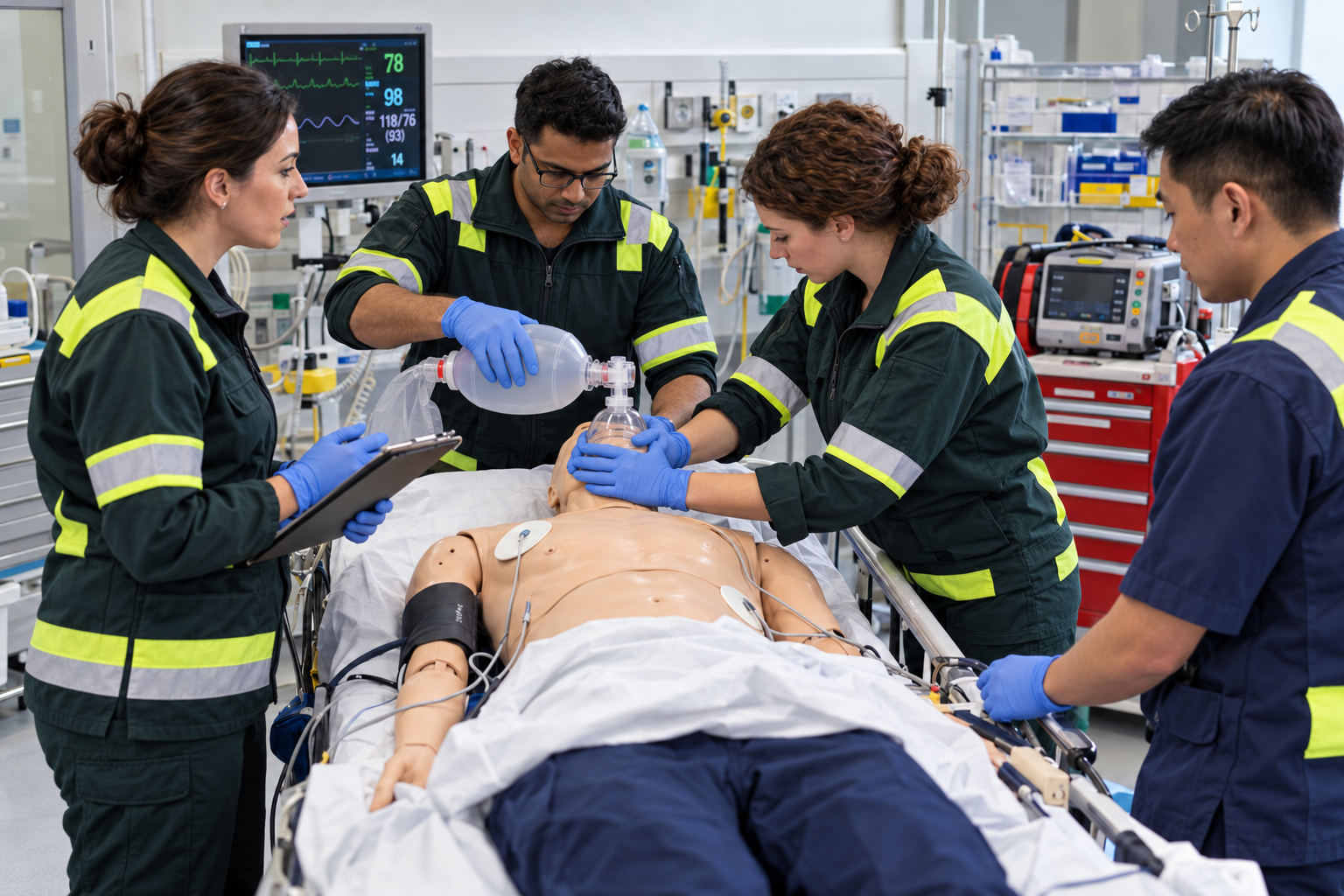 First responders ventilating a manikin with a bag-valve-mask during a FREC course in Manchester