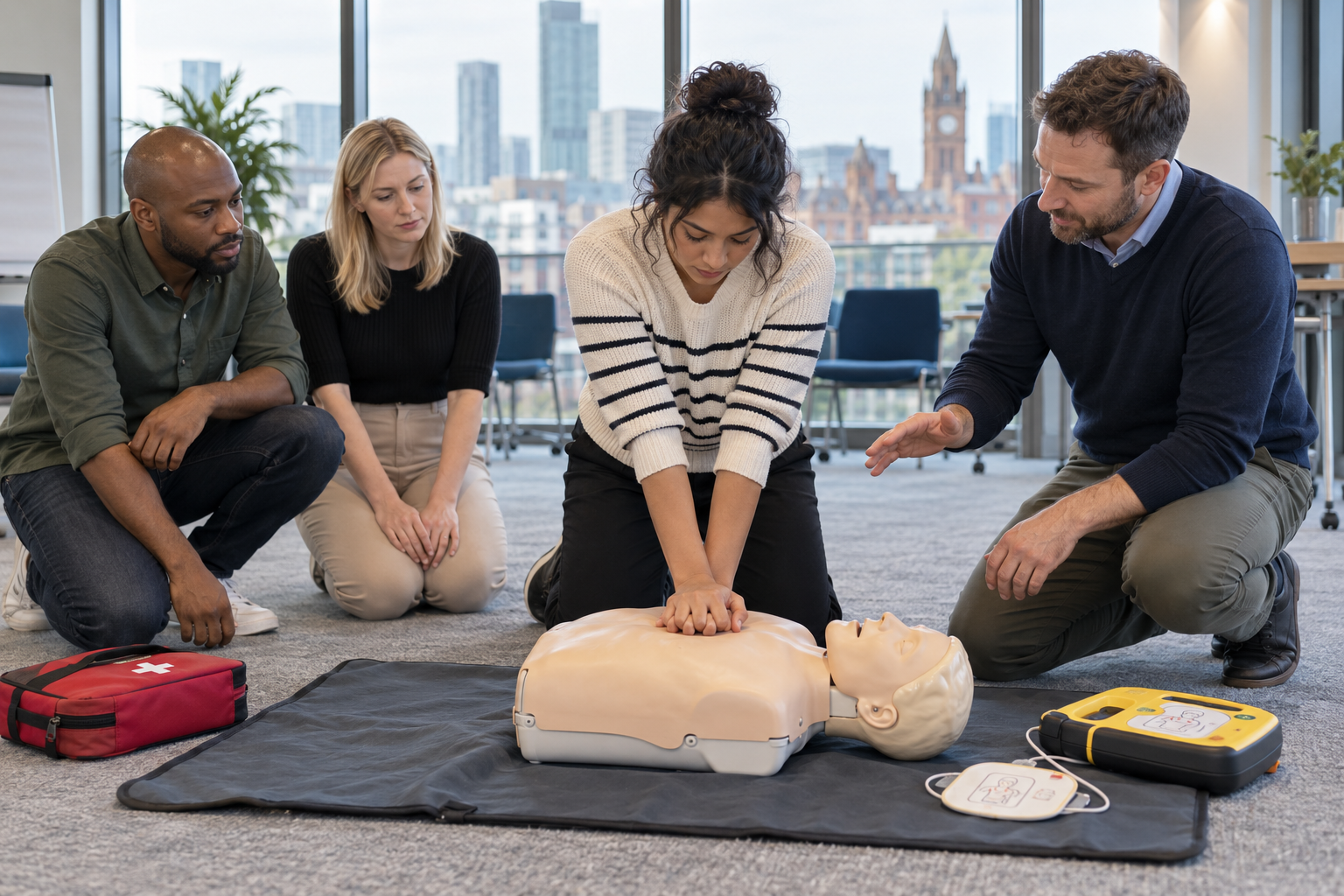 Staff practising chest compressions during a workplace first aid course in Manchester