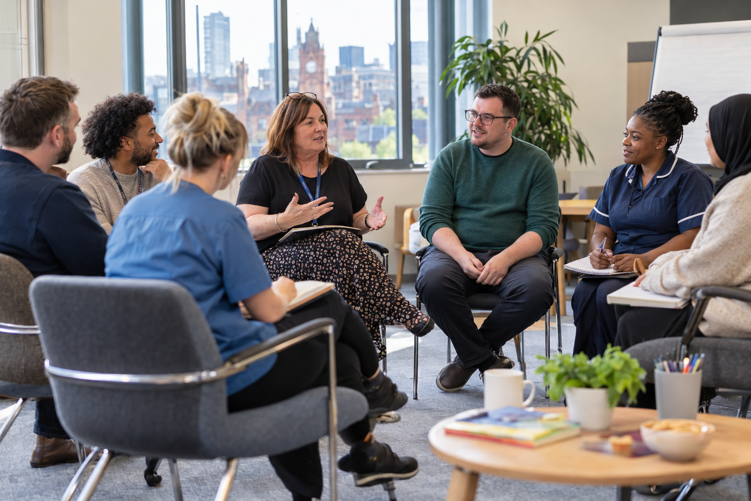 Trainer leading a discussion with care staff during Oliver McGowan training in Manchester