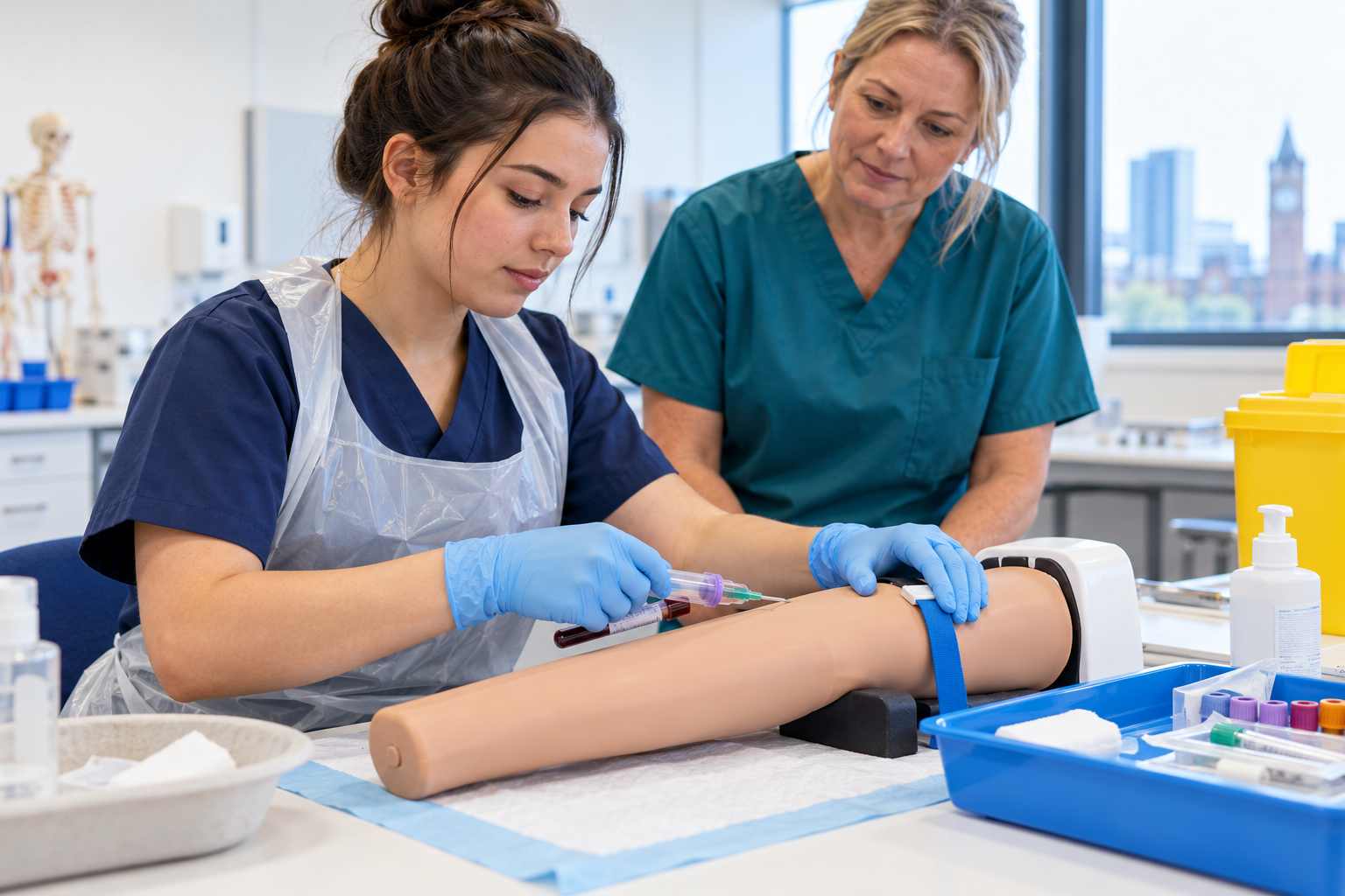 Trainee drawing blood from a practice arm during a phlebotomy course in Manchester