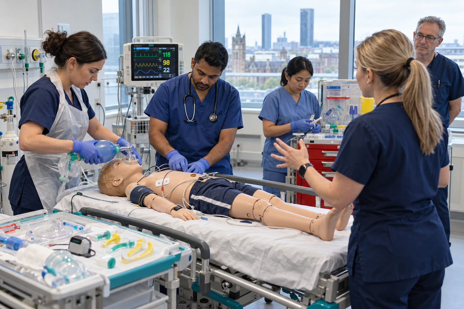Clinicians managing a simulated paediatric emergency on a child manikin during an advanced life support course in Manchester