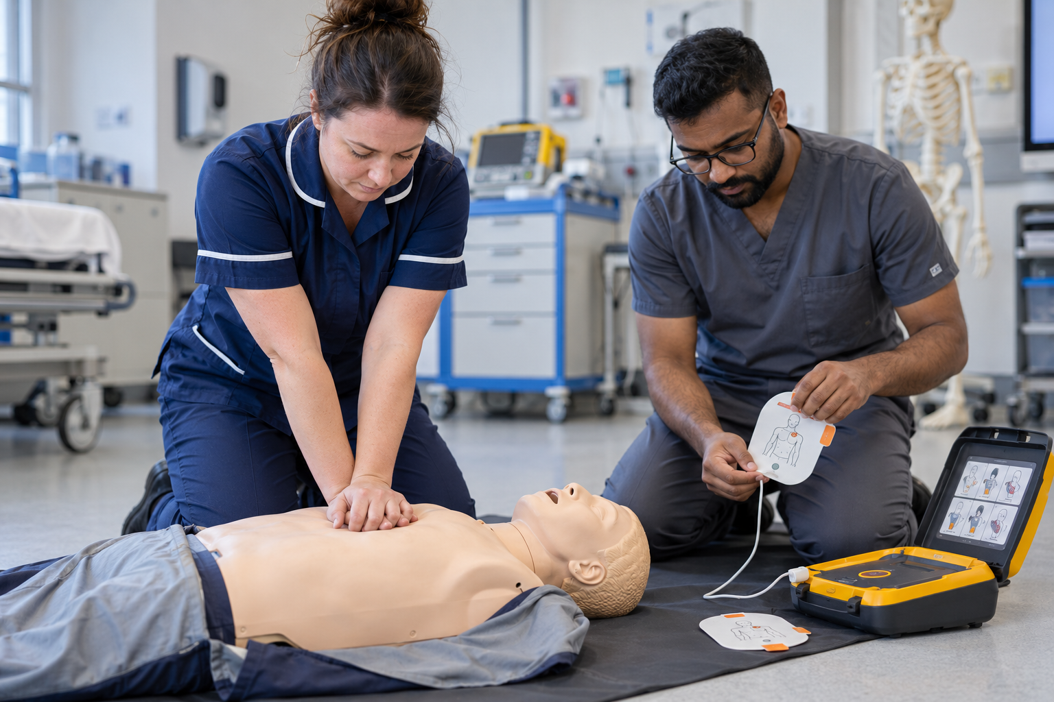 Nurse giving chest compressions on a manikin while a colleague prepares an AED on a life support course in Manchester