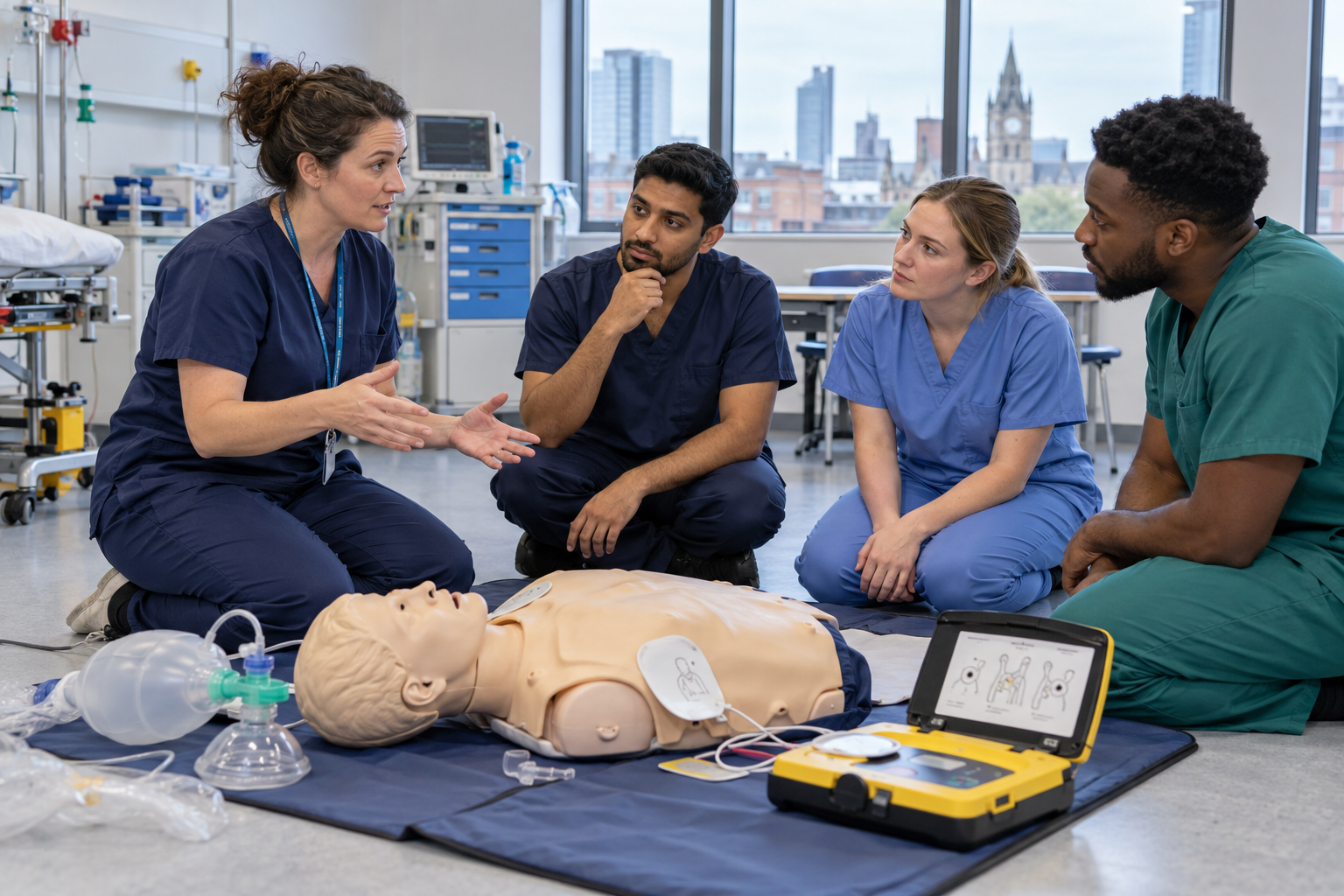 Resuscitation instructor giving feedback to candidates after a life support scenario in Manchester