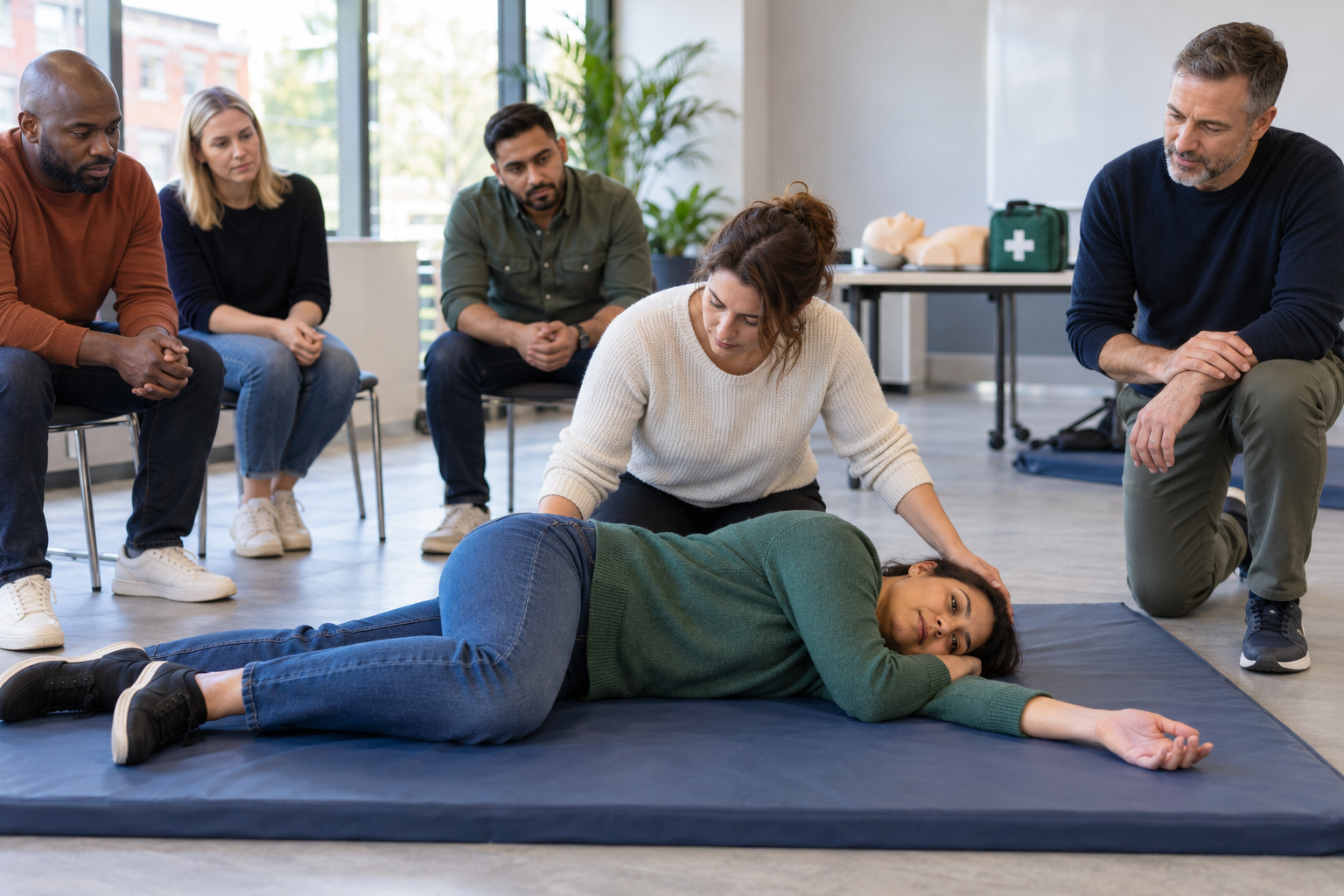 Learners practising the recovery position on a first aid training course in Manchester