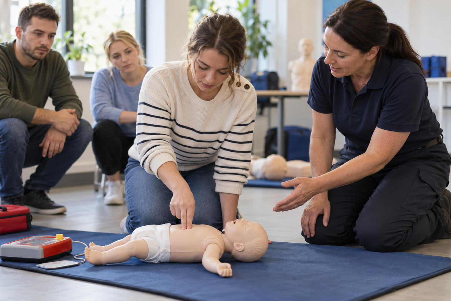 Learner practising infant CPR on a baby manikin during a paediatric first aid course in Manchester