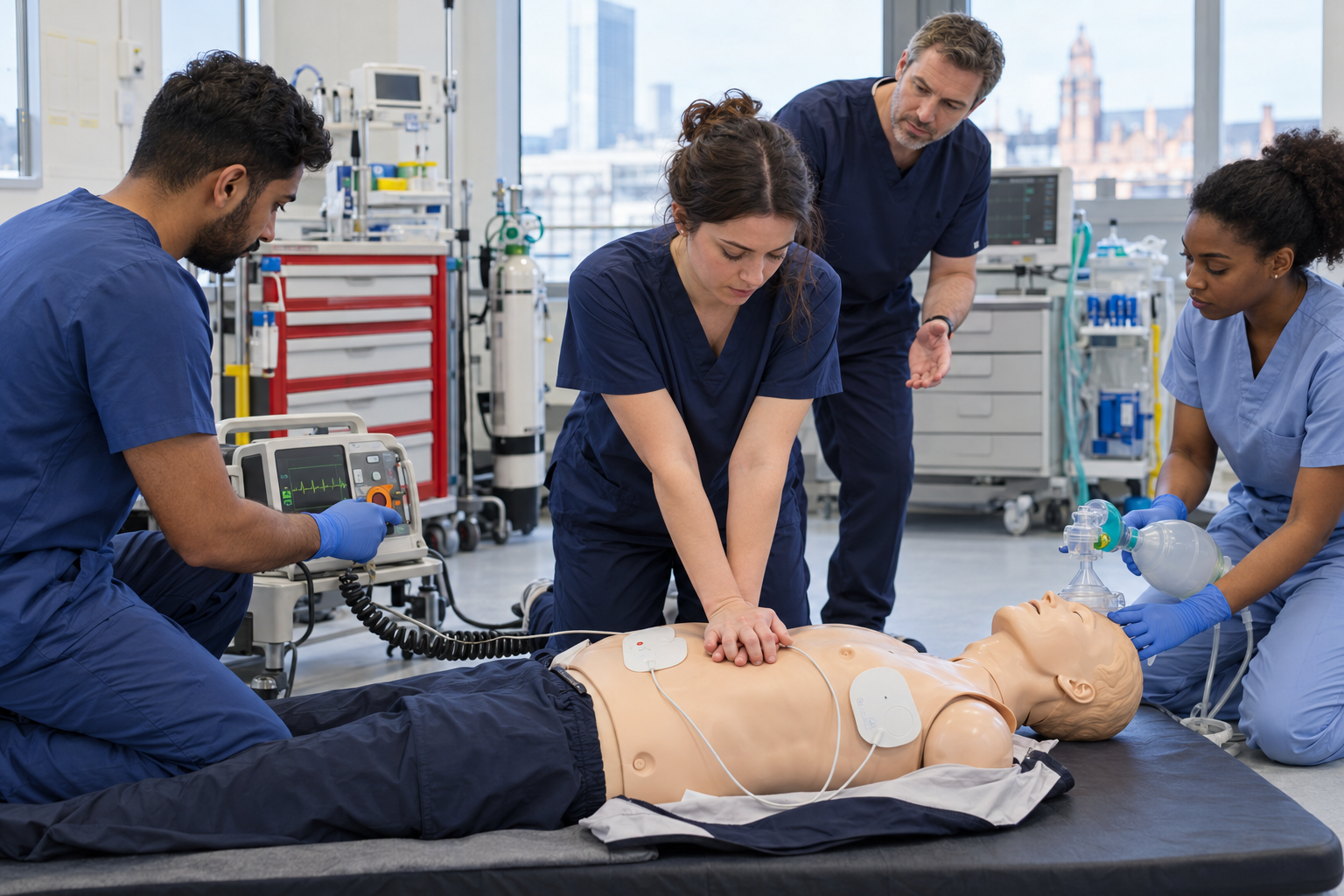Healthcare staff practising CPR and defibrillation on a manikin during a resuscitation course in Manchester