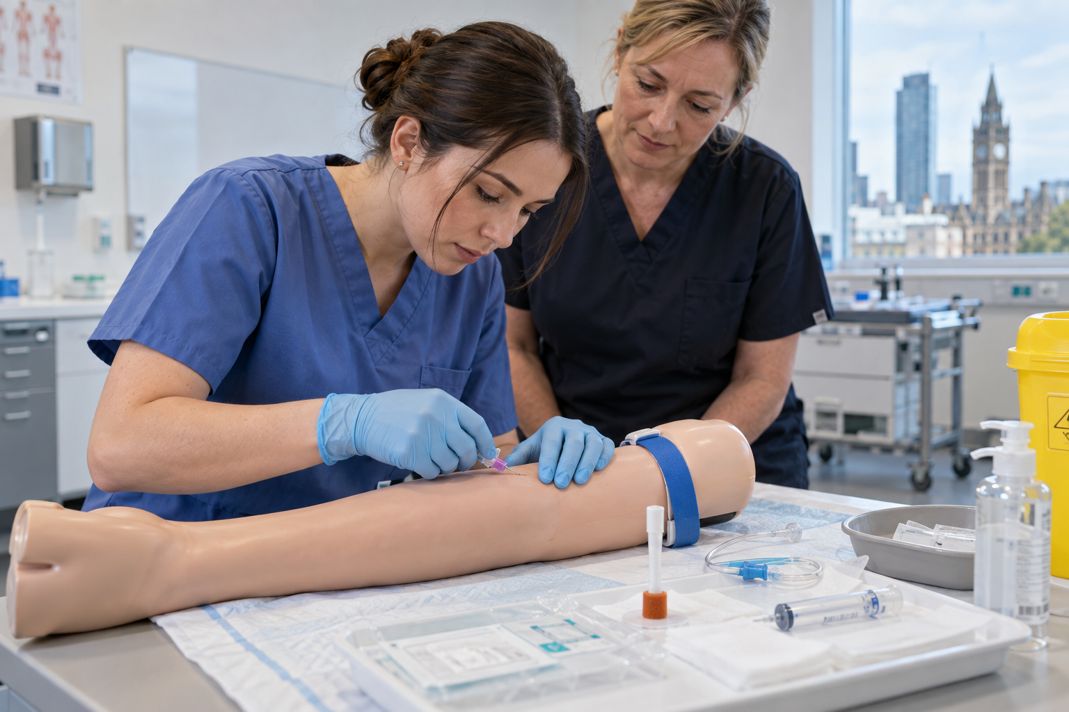 Candidate inserting a peripheral IV cannula into a training arm while an instructor observes, during a cannulation course in Manchester