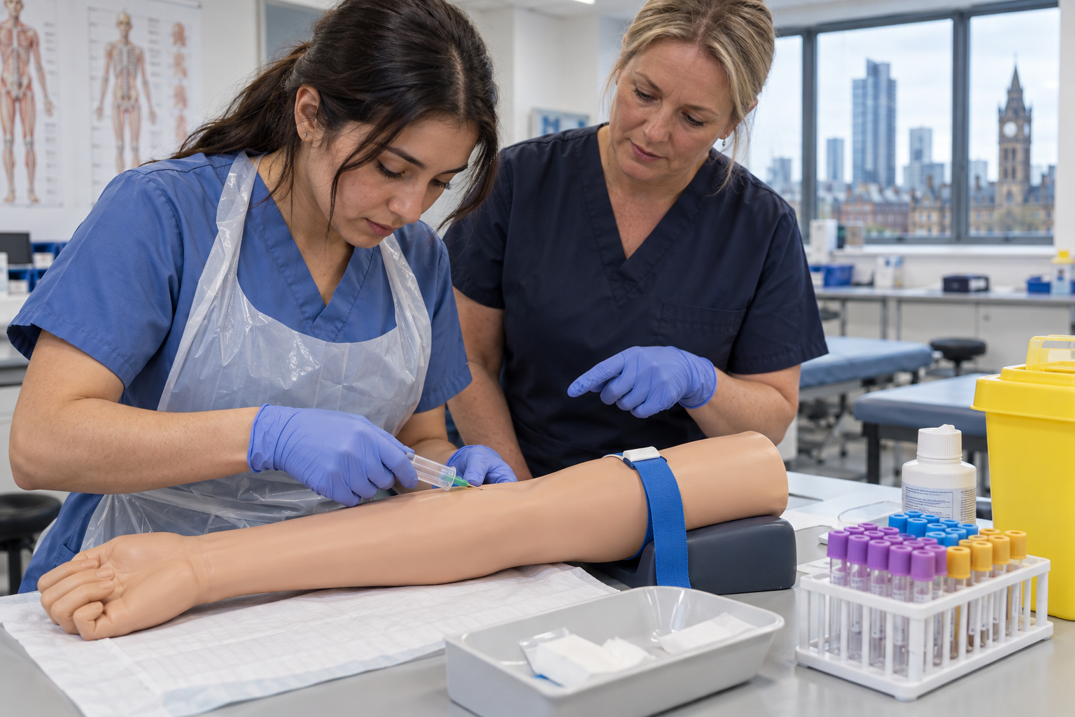 Learner inserting a needle into a venepuncture training arm under instructor supervision during a phlebotomy course in Manchester