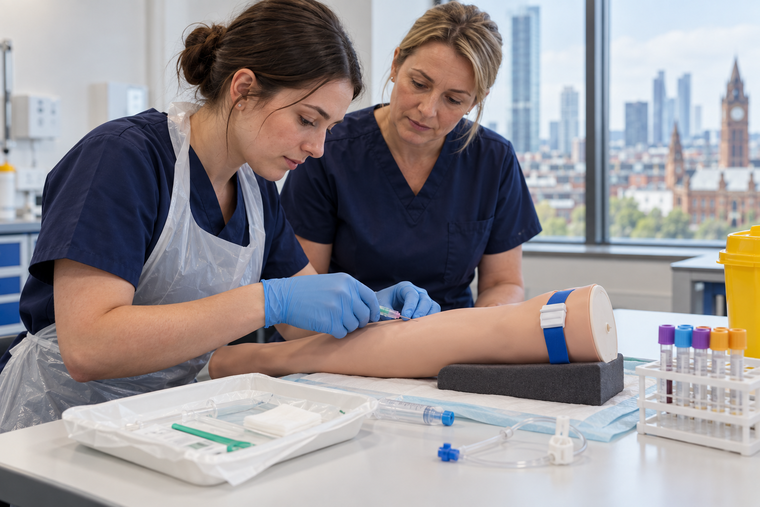 Healthcare professional inserting a peripheral IV cannula into a simulation arm during a venepuncture and cannulation course in Manchester.