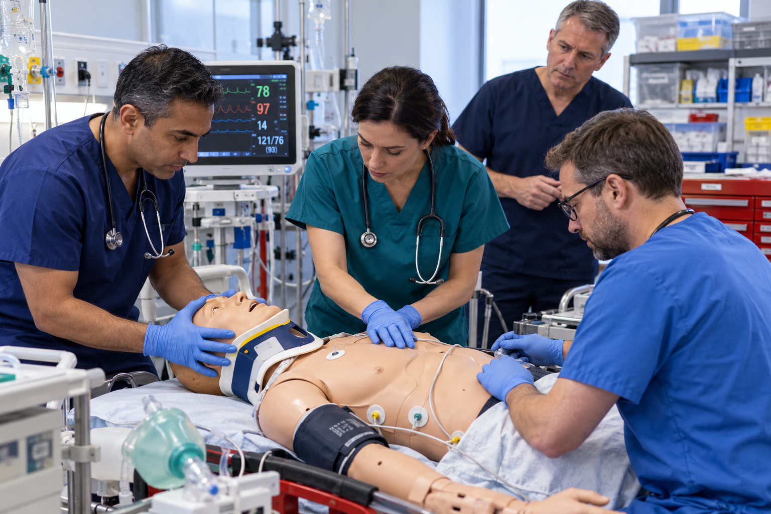 Doctors managing a simulated trauma patient during an ATLS reverification course in Manchester