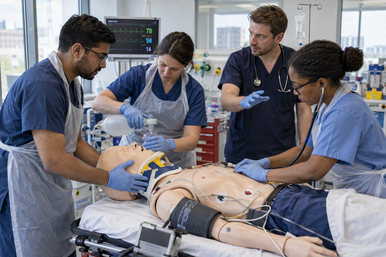 Doctors assessing a simulated trauma patient on a manikin during an ATLS course in Manchester at PLAB Guide Training Centre