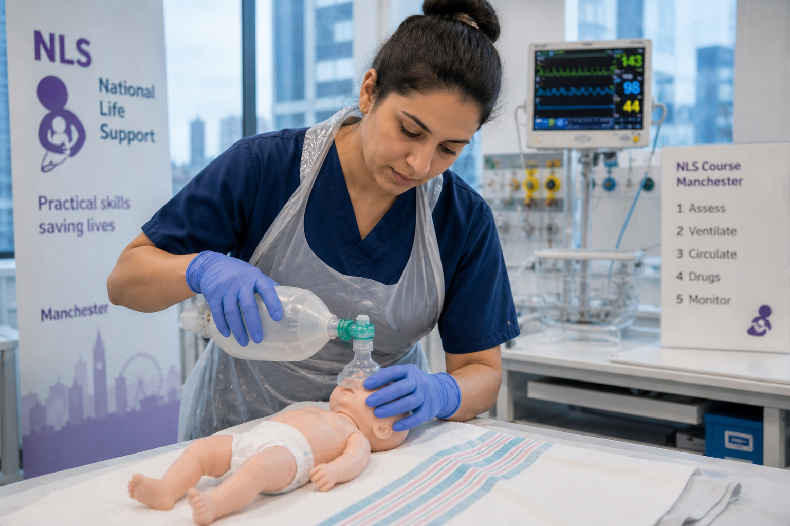 Healthcare professional practising mask ventilation on a newborn manikin during an NLS course in Manchester