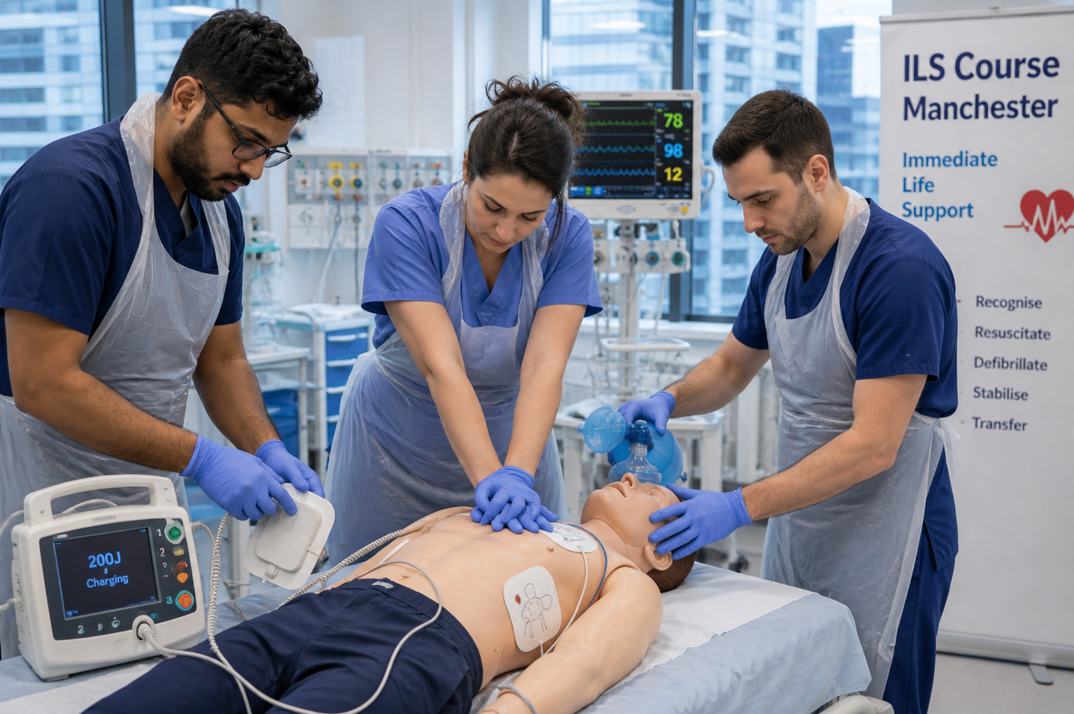 Healthcare professionals practising chest compressions and defibrillation on an adult manikin during an ILS course in Manchester