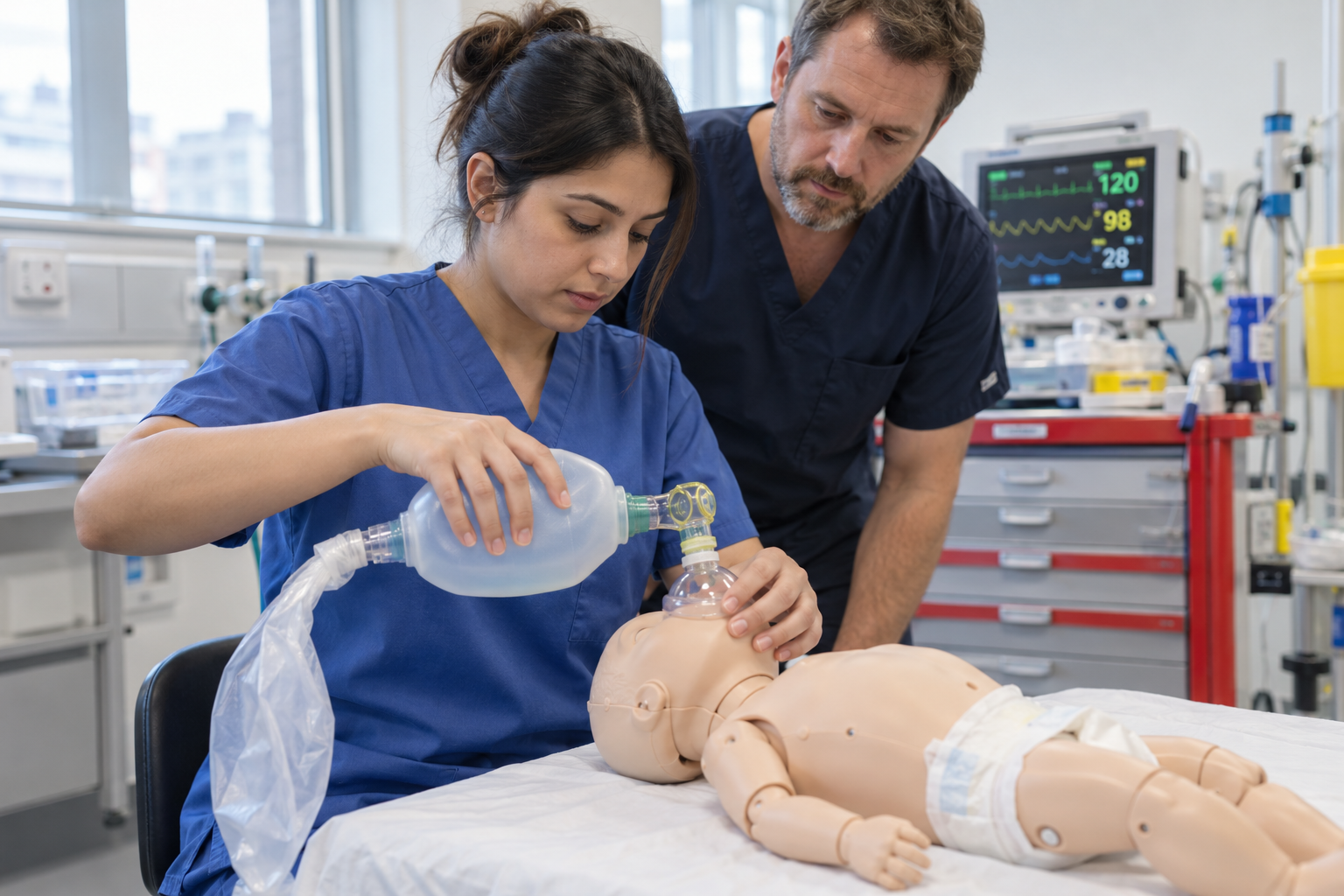 Candidate practising bag-mask ventilation on an infant manikin during a PILS course in Manchester at PLAB Guide Training Centre