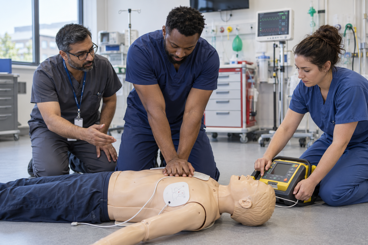 Healthcare professionals practising CPR and defibrillation on an adult manikin during an eILS course in Manchester