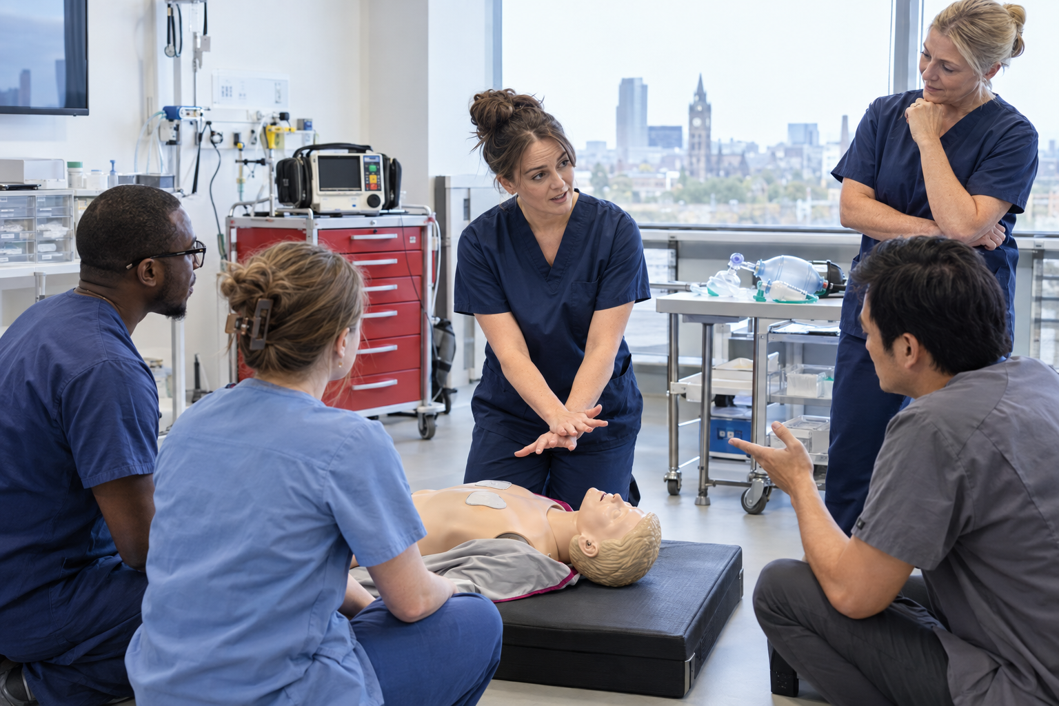 Instructor candidate teaching a small group of healthcare professionals at a resuscitation manikin skills station on the ILS instructor course in Manchester