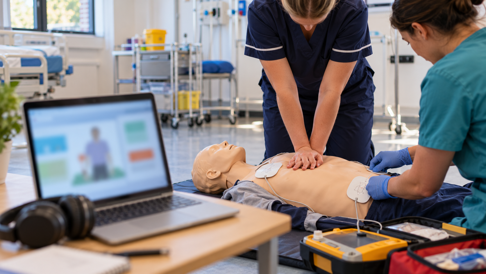 Nurse giving chest compressions on an adult resuscitation manikin while a colleague attaches defibrillator pads, with an e-learning laptop in the foreground