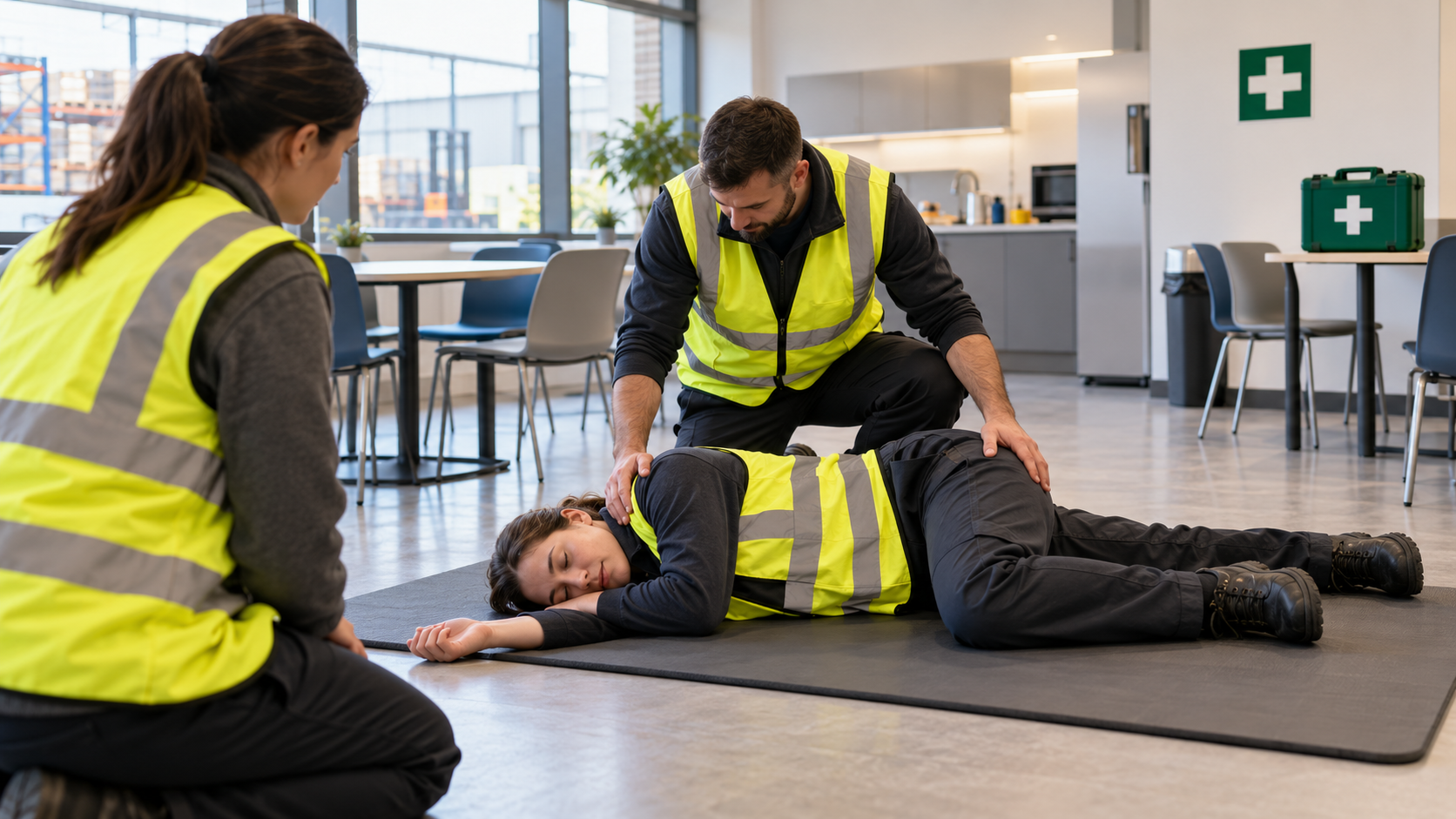 Workplace first aider in a hi-vis vest placing a colleague in the recovery position in a staff break area, with a green first aid kit on the table