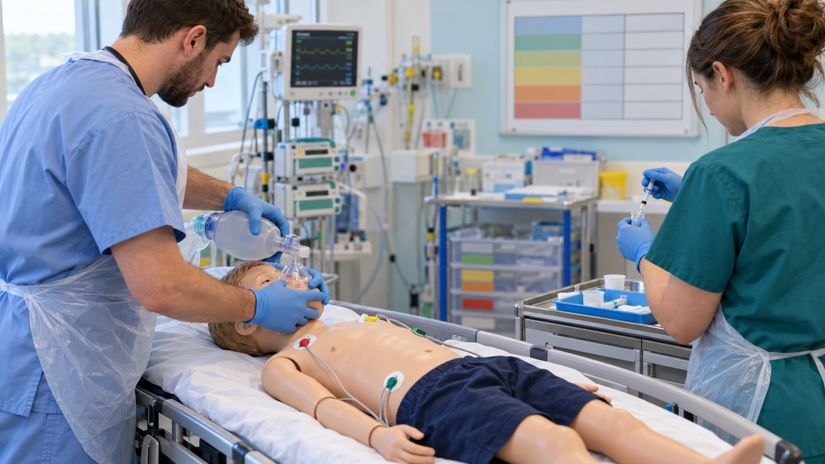Clinician giving bag-valve-mask ventilation to a child resuscitation manikin while a colleague draws up a drug dose in a paediatric simulation room