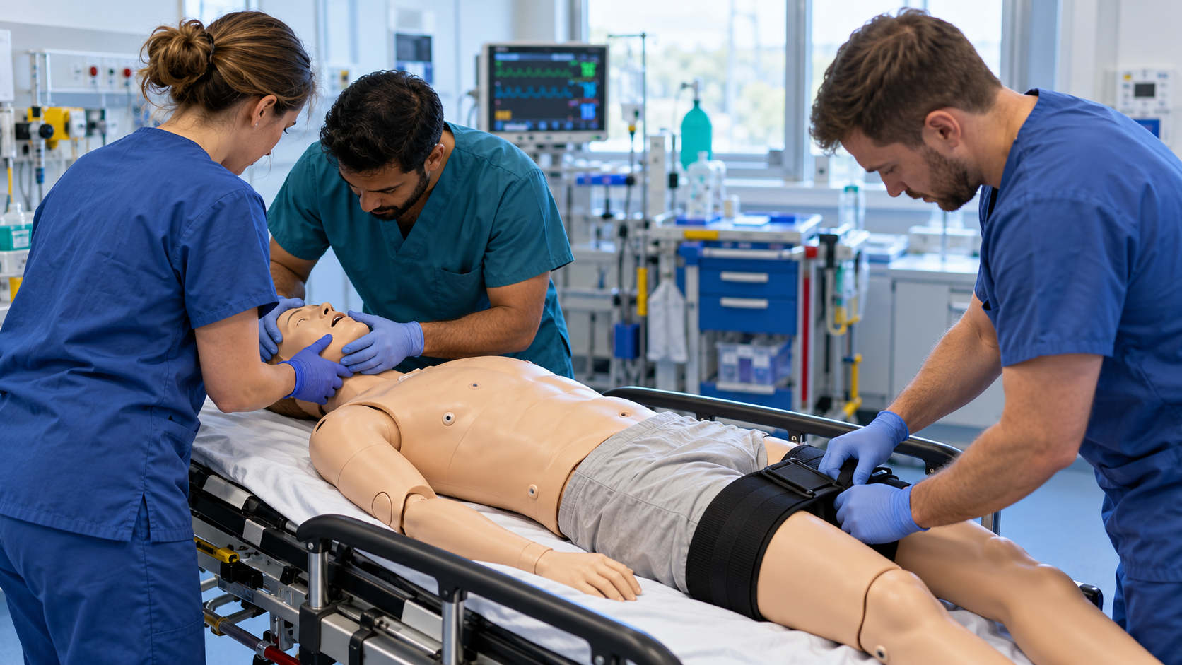 Trauma team holding in-line stabilisation of the head, checking the airway and applying a pelvic binder to a manikin during a trauma simulation