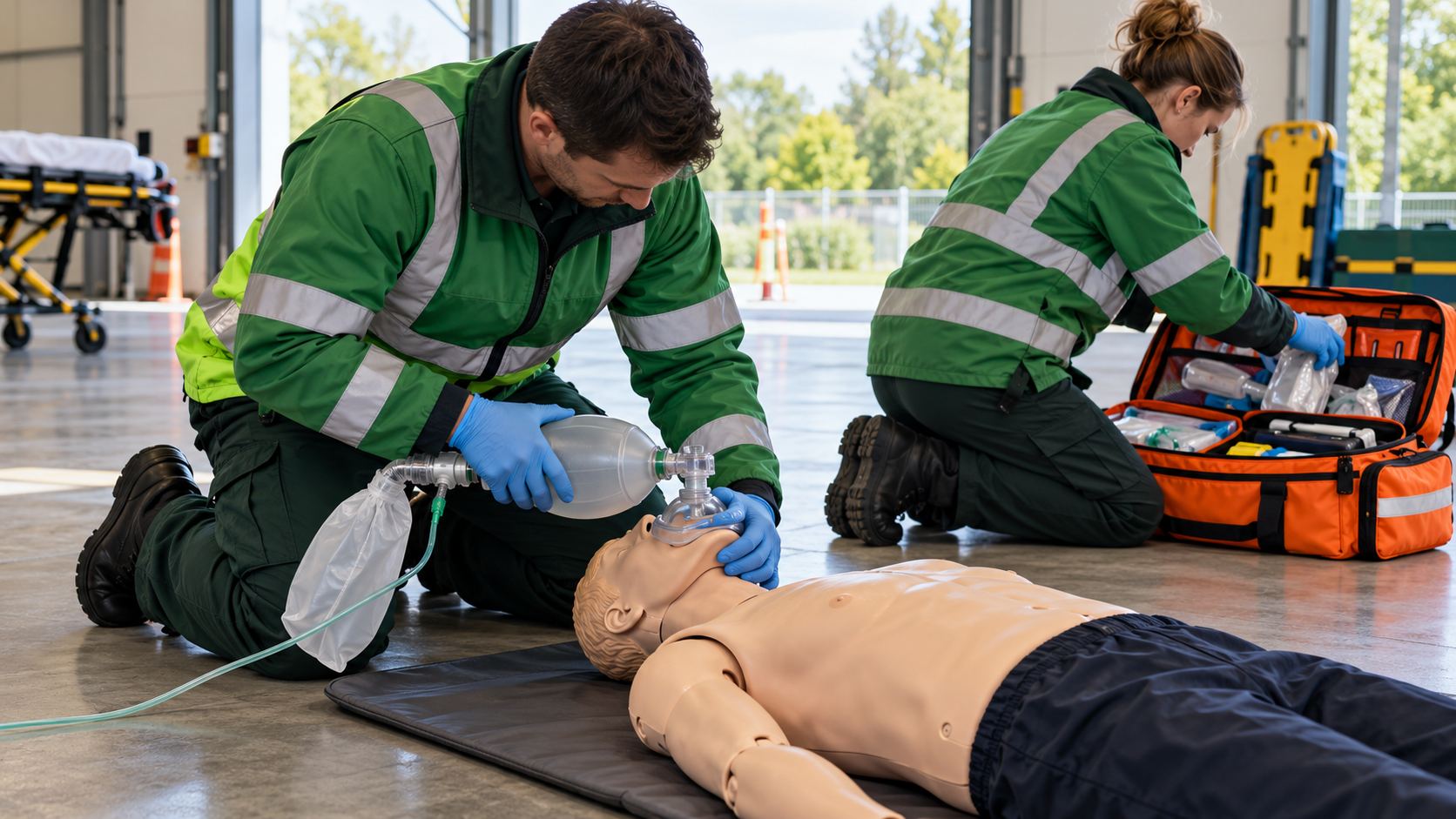 First responder in a green hi-vis jacket ventilating a manikin with a bag-valve-mask while a colleague opens an orange response bag