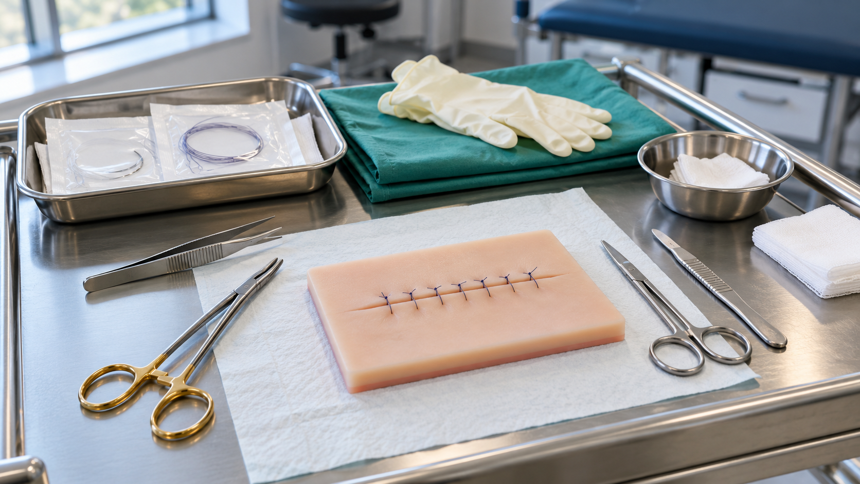 Surgical skills training station with a sutured skin pad, needle holder, forceps, scissors and sutures