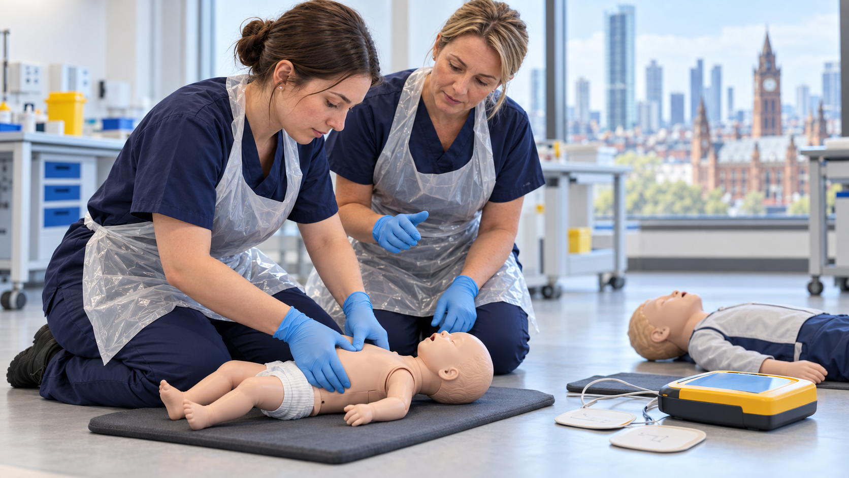 Trainer guiding a learner through infant CPR on a baby manikin, with a child manikin and AED trainer nearby, at a paediatric first aid course in Manchester