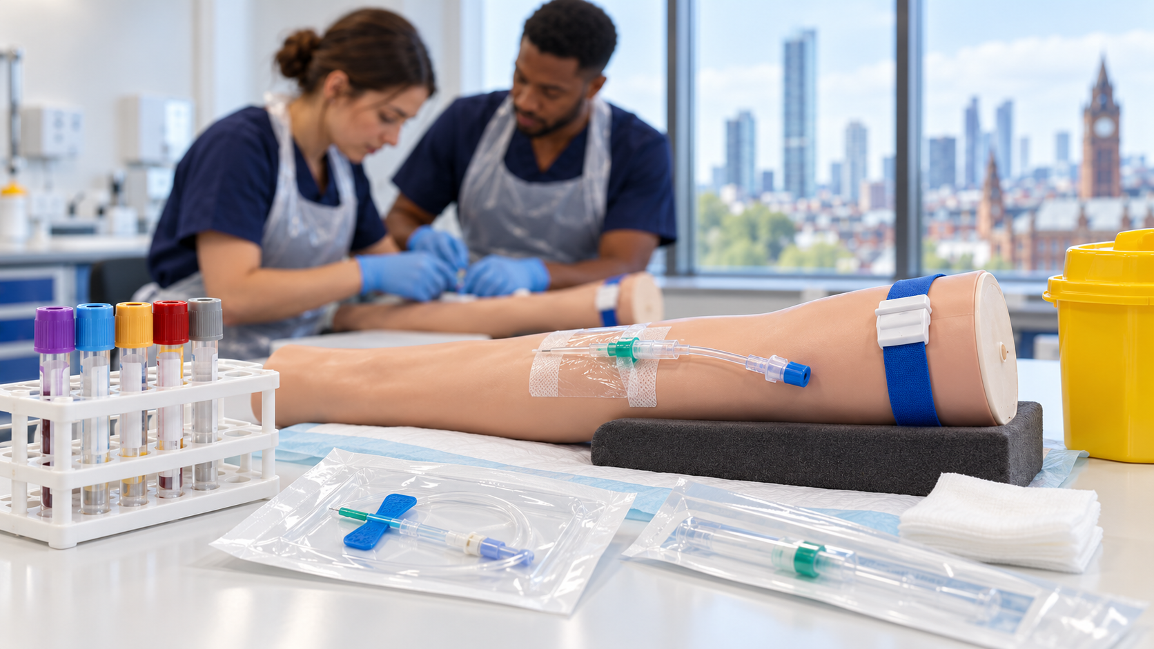 Training arm with a taped cannula, blood tubes, a butterfly needle and a sharps bin, with learners practising in a Manchester clinical skills room