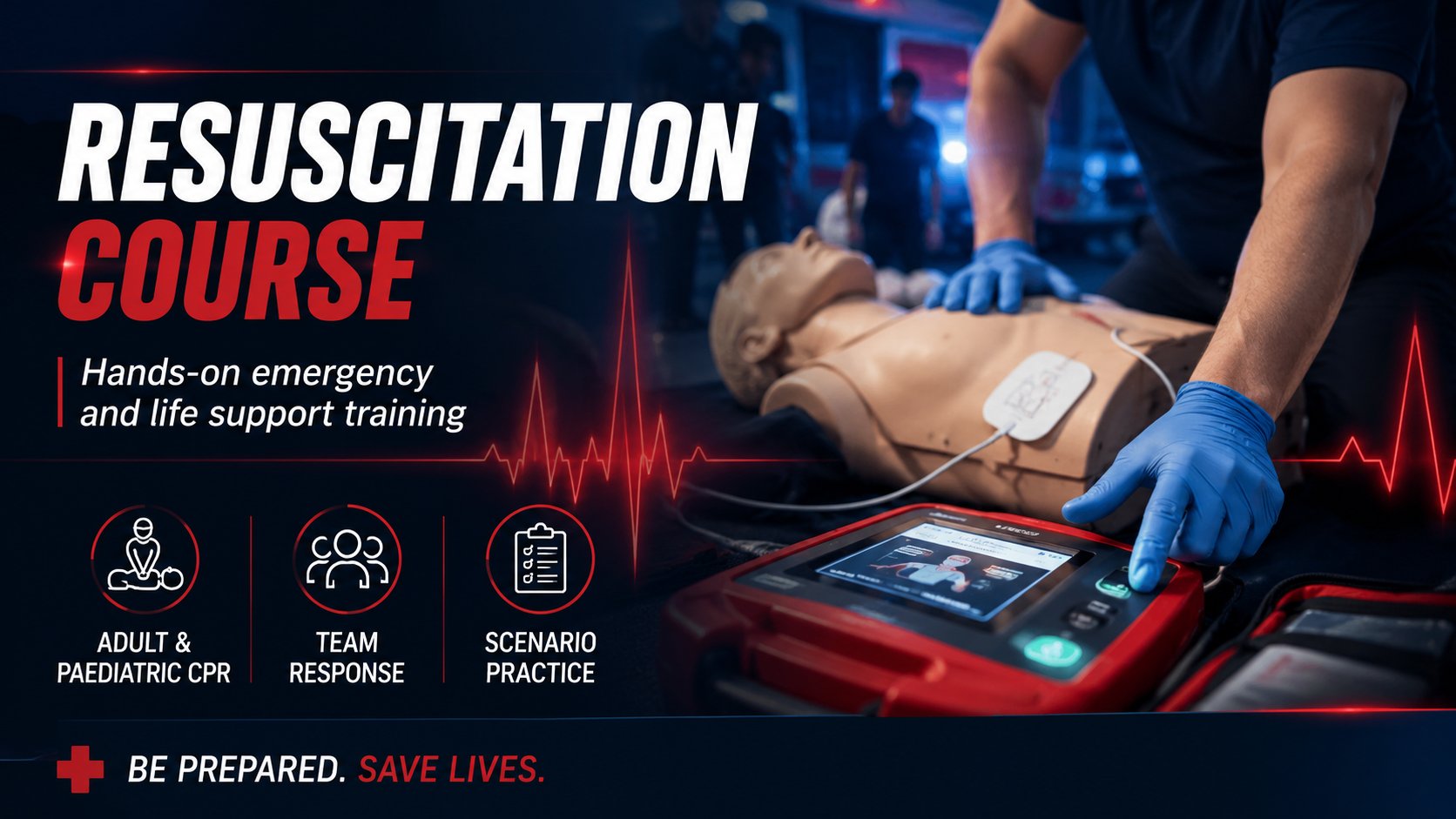 Resuscitation course — instructor demonstrating CPR with team