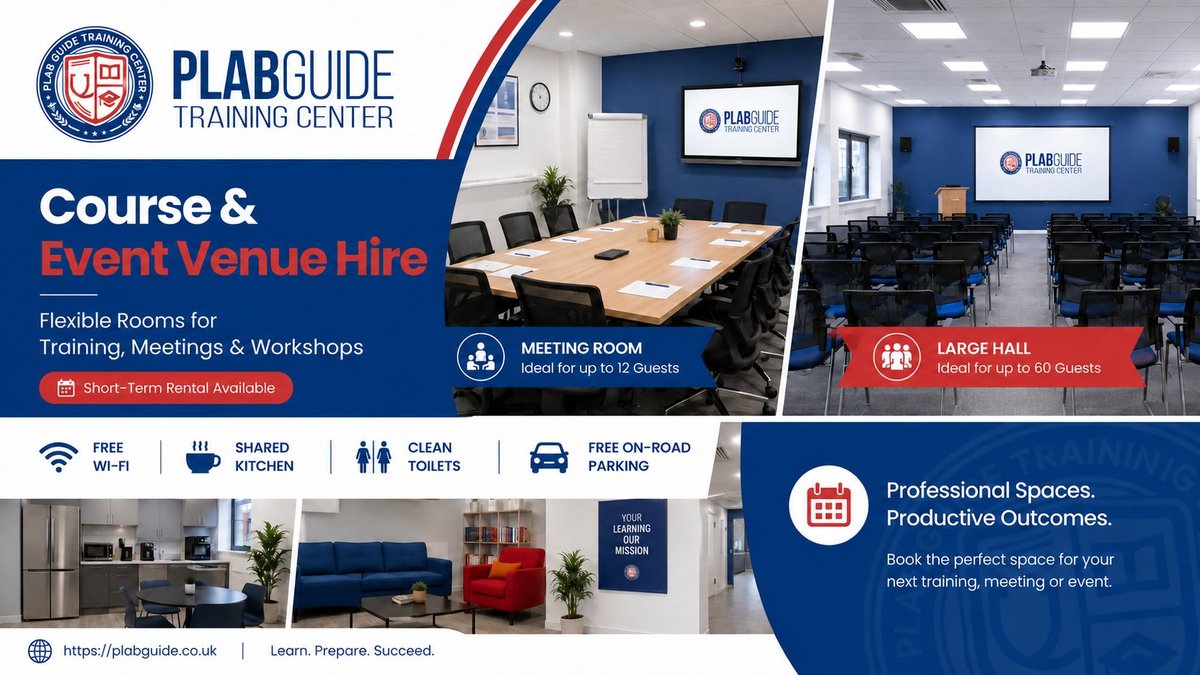 PLAB Guide course and event venue hire — meeting room and large hall